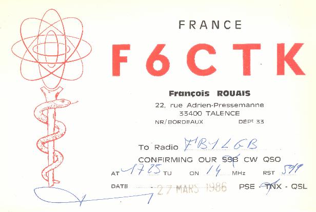 La carte QSL radioamateur de F6CTK en Gironde