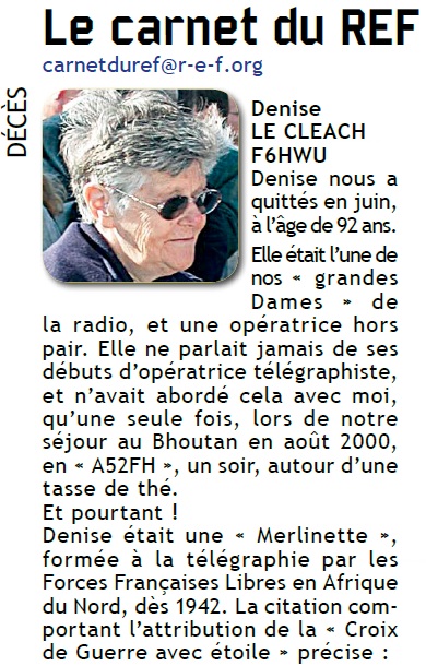 Carnet du REF - Deces de F6HWU Denise Le Cleach